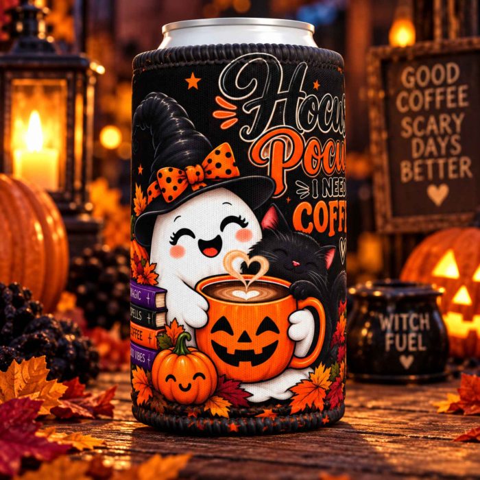 Hocus Pocus Halloween stubby cooler with cute ghost black cat and pumpkin coffee mug