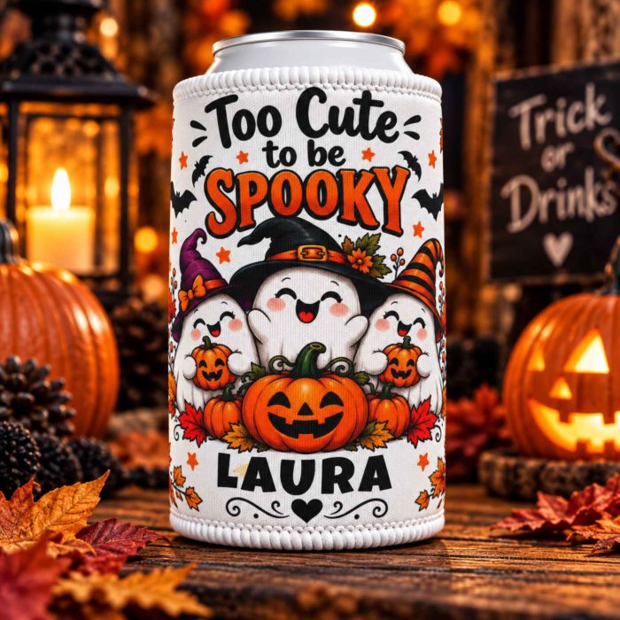 Personalised Halloween stubby cooler with custom name cute ghosts and pumpkins