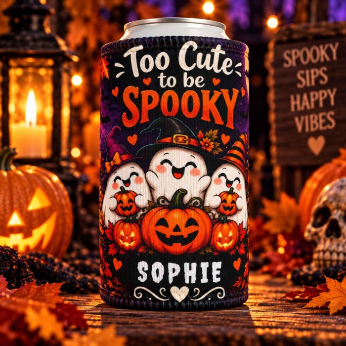 Personalised ghost Halloween stubby cooler with custom name cute ghosts pumpkins and black cat