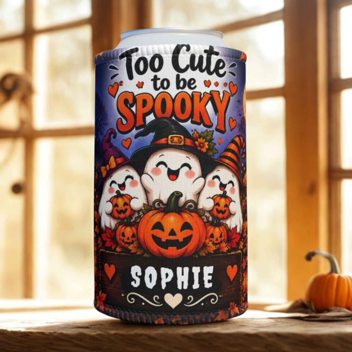 Custom Name Halloween Stubby Cooler – Too Cute to Be Spooky Ghost Design