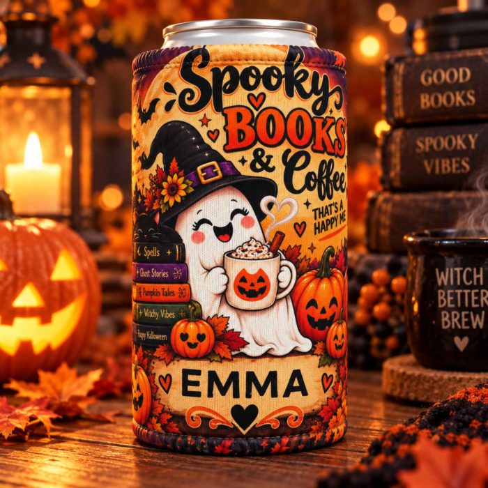 Personalised Halloween coffee stubby cooler with custom name ghost spooky books and pumpkins
